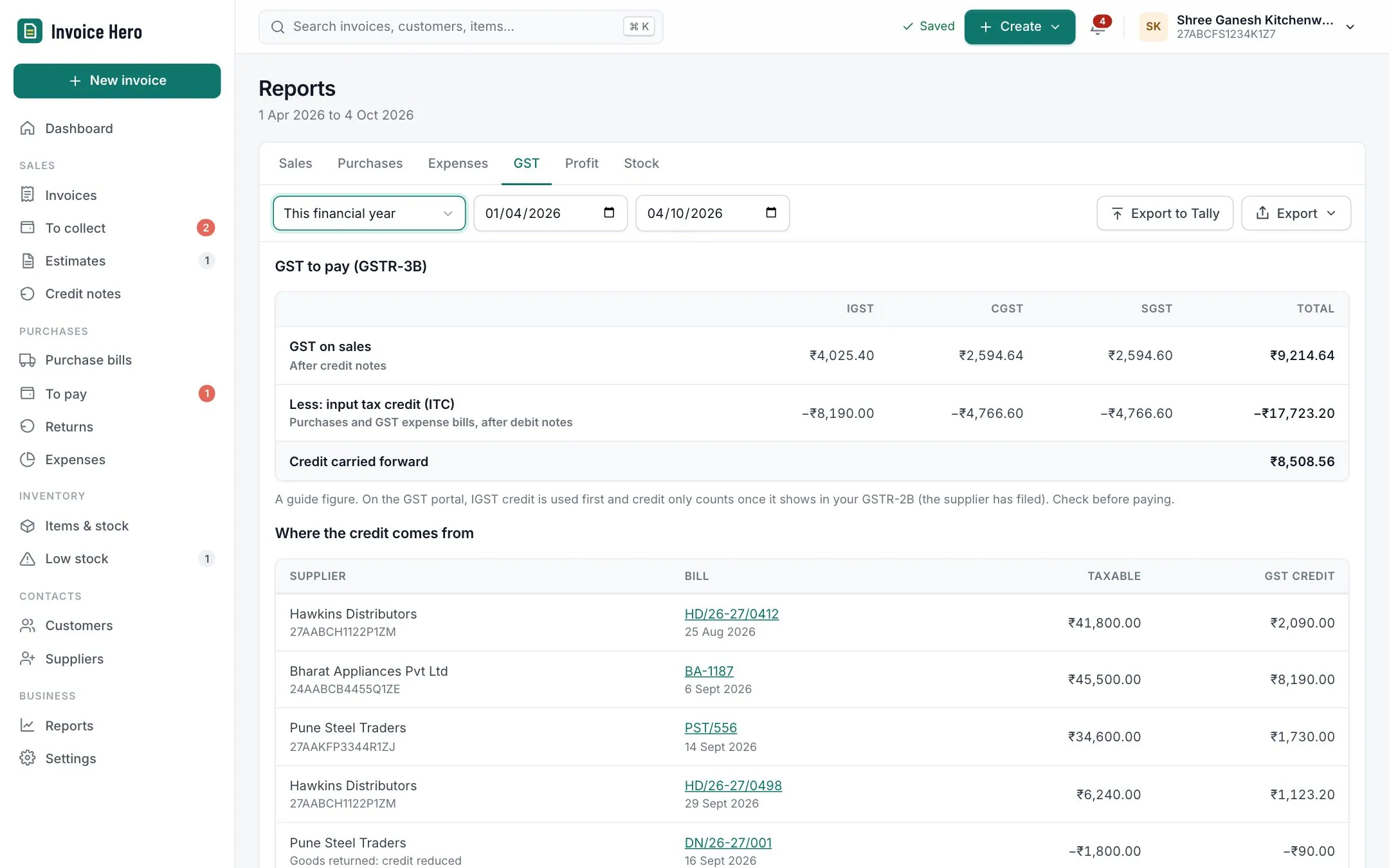 GST report in Invoice Hero